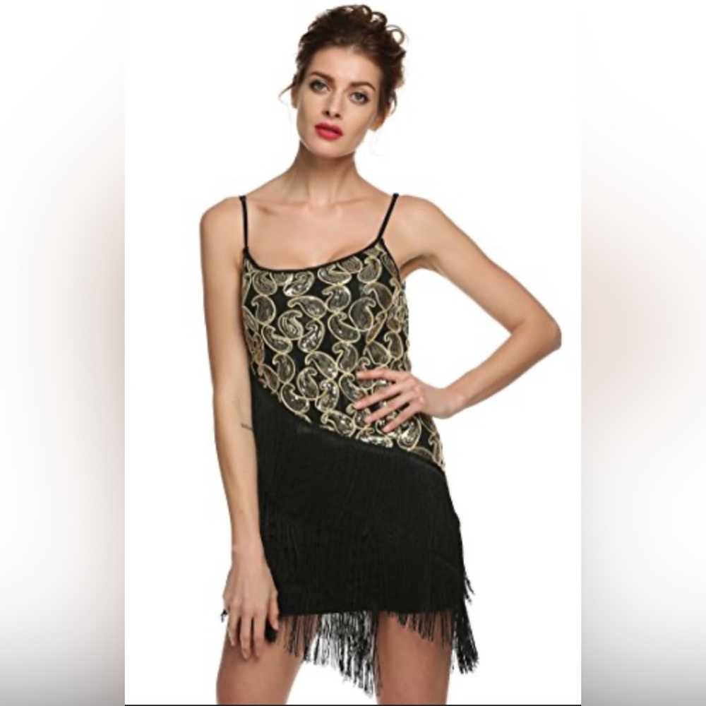 Gatsby’s 20’s SequinTiered Tassel Flapper BlackGold Fringe Dress